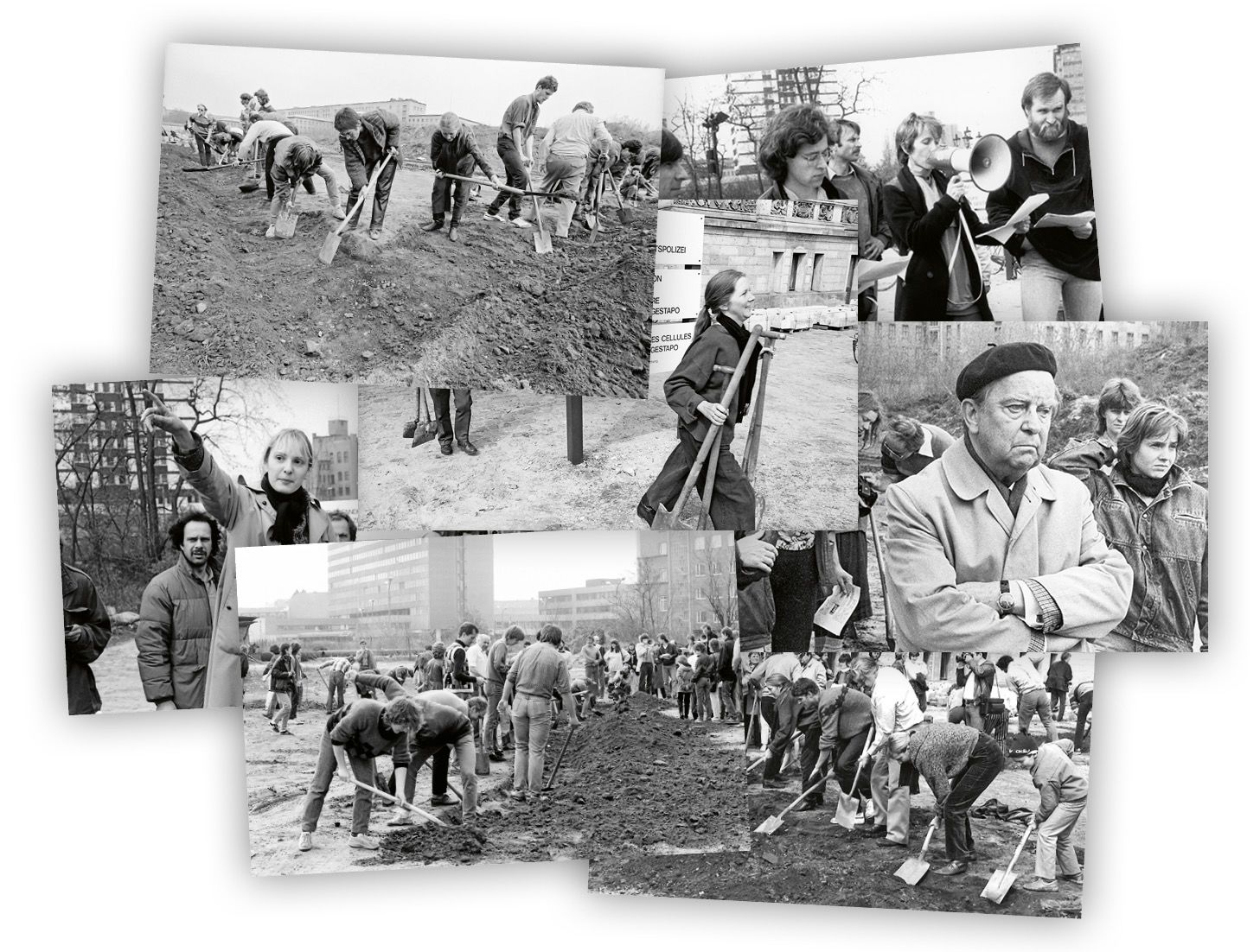 Illustratives Element: Mehrere überlappende Schwarz-weiß-Fotografien der Grabungsaktion.
